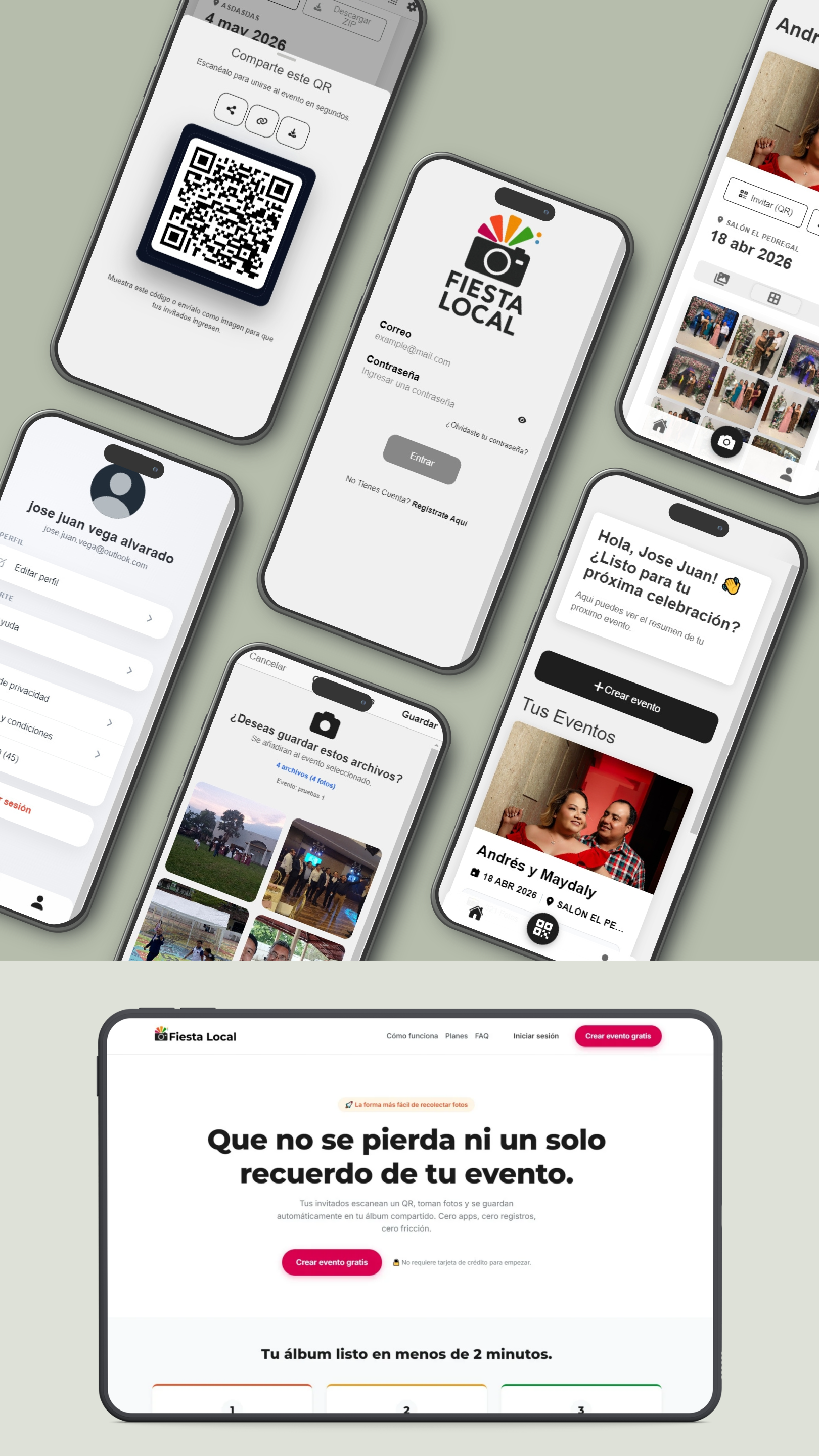 Mockup de la plataforma Fiesta Local con pantallas de QR, eventos y álbum de fotos